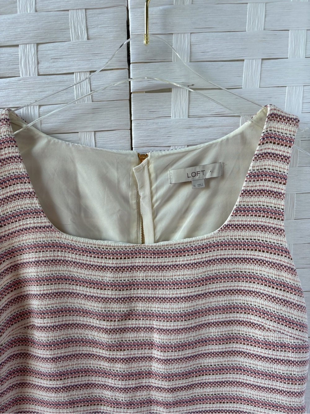 Loft Size 14 Sleeveless Square Neck Textured Stripe Sheath Dress Office Pockets - Picture 4 of 11